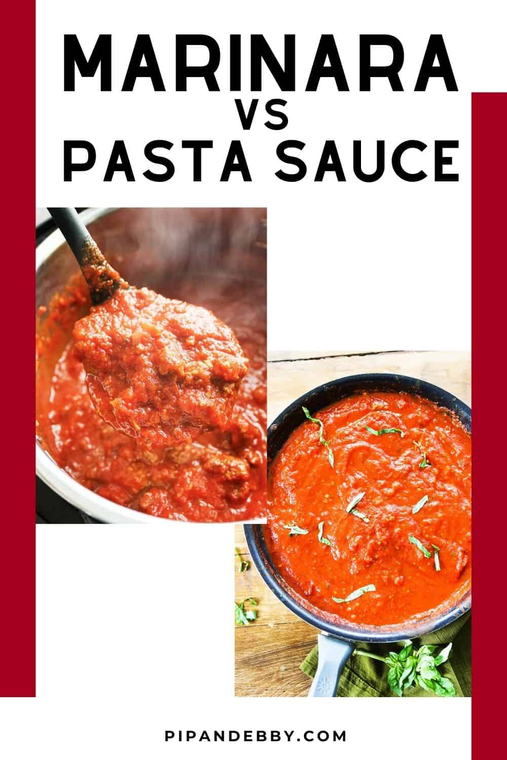 Marinara and pasta sauce side by side with text overlay reading, "Marinara vs pasta sauce."