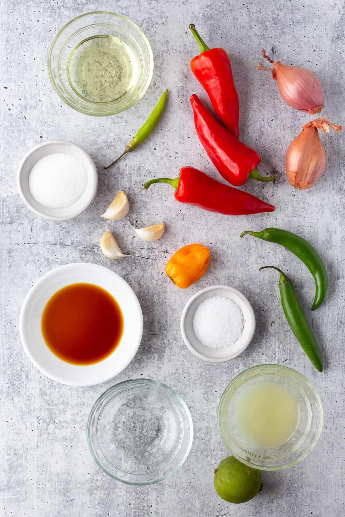 Ingredients for chili paste lined up on a counter, including peppers, garlic and oil.