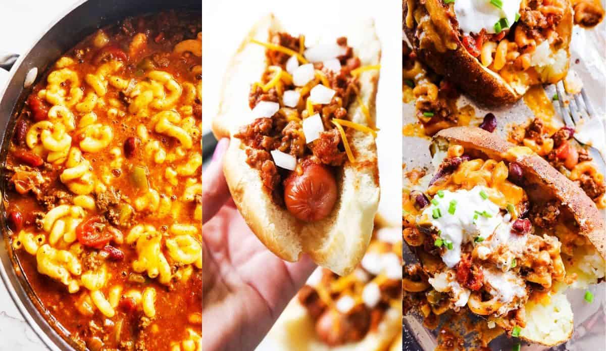 Delicious leftover chili recipes including pasta, hot dogs, and tacos.