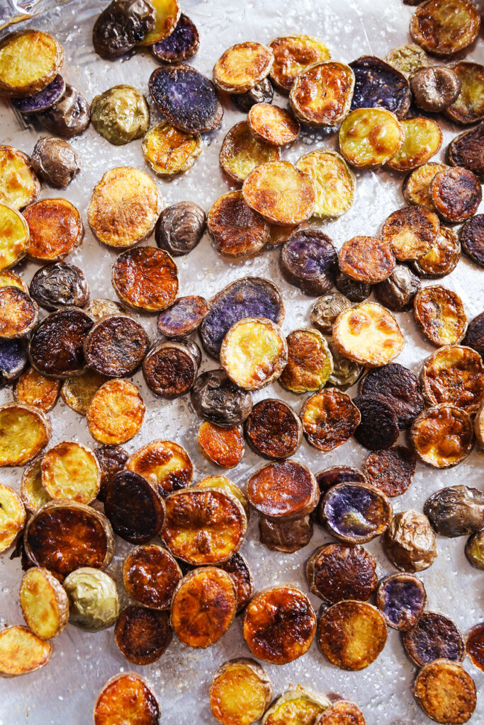 Baked Whole30 chips salted on a baking sheet. 