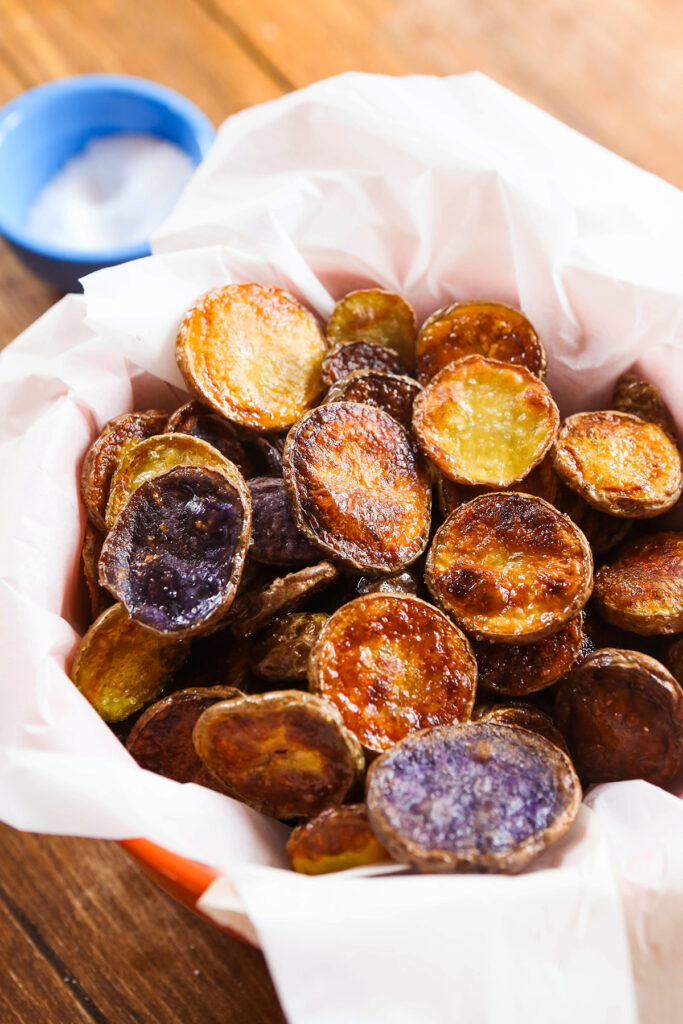 Basket of baked whole30 chips. 