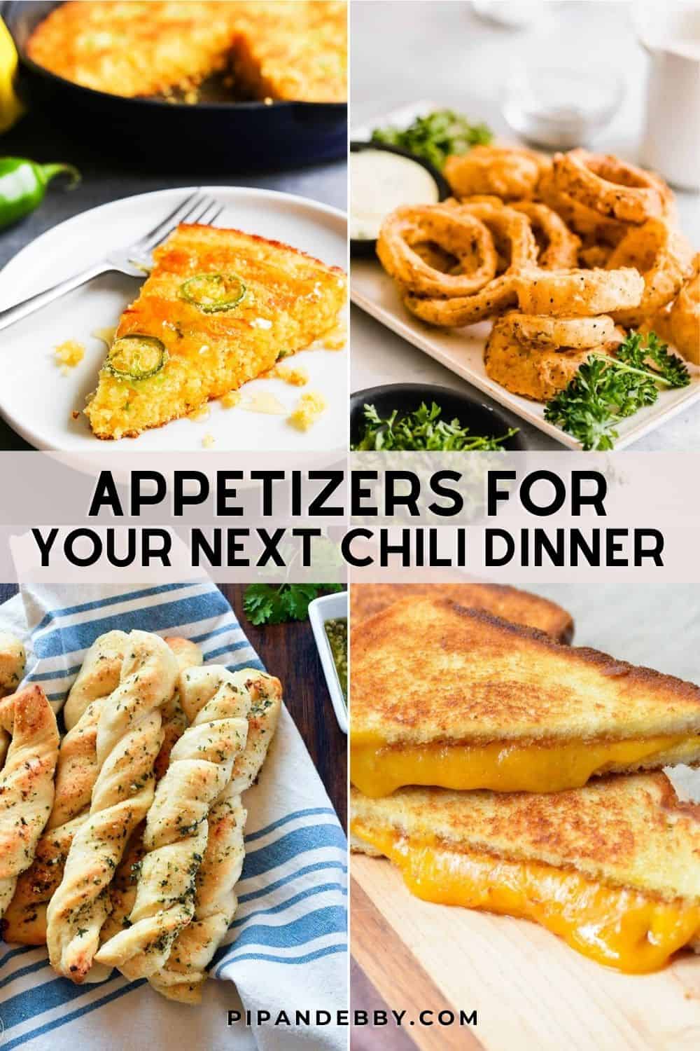 Four images of food in a grid with text overlay reading, "Appetizers for your next chili dinner."