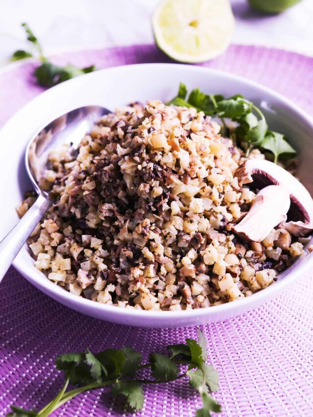 Cauliflower Mushroom Rice served in a bowl. 