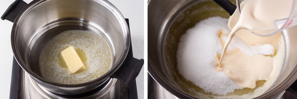 Saucepan with butter inside melting, next to a photo of milk and sugar being added.