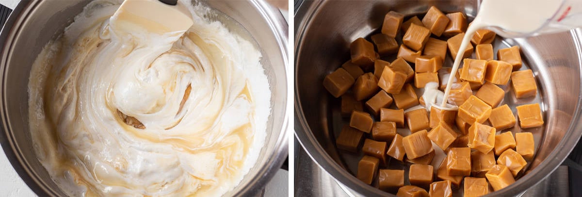 Marshmallow cream swirled in a saucepan, next to image of caramels being added.
