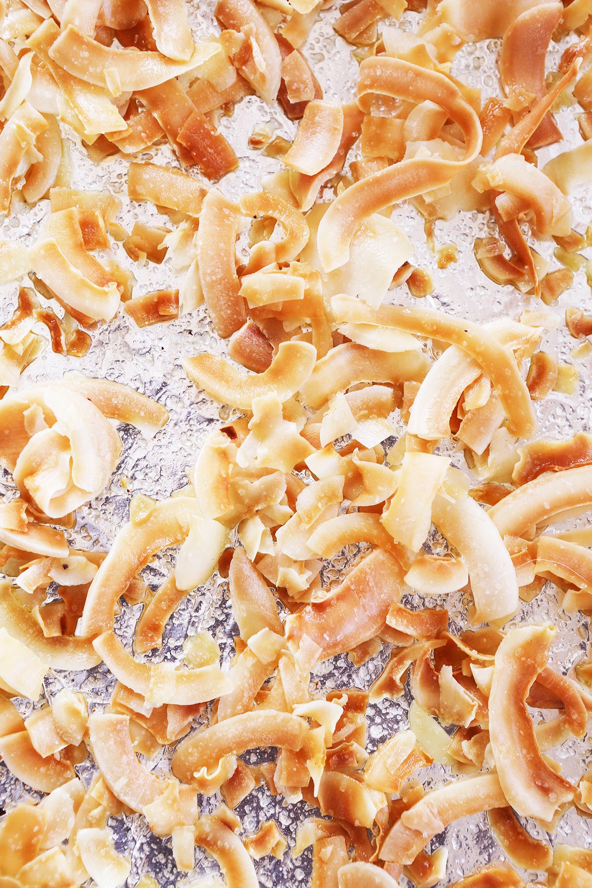 Toasted coconut chips on a baking sheet.