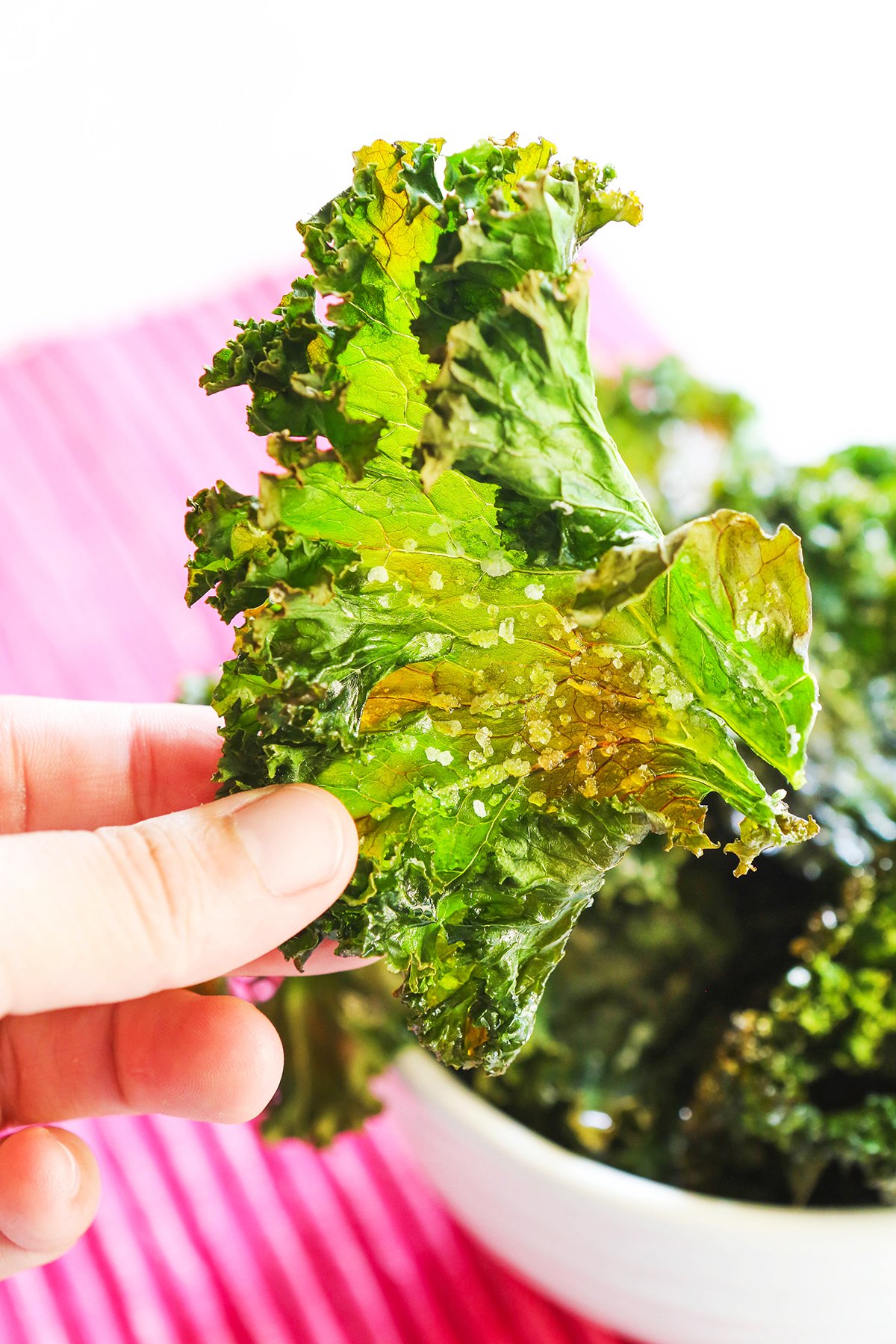 A hand holding a piece of crispy salted kale with a bowl full in the background.