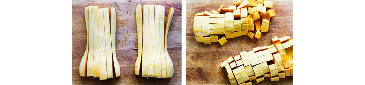 Butternut squash cut into strips, next to one that has been cubed.