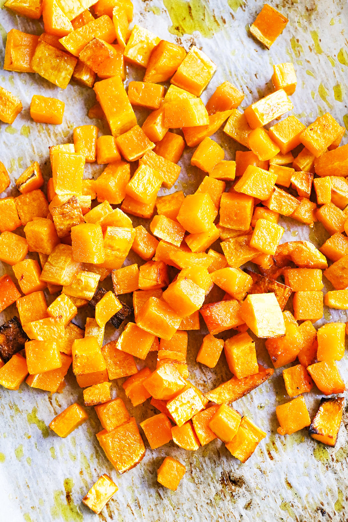 Looking down into a pan of roasted squash.