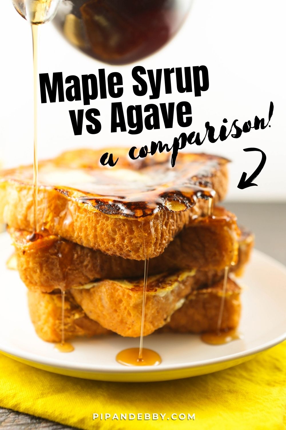Syrup being drizzled over a stack of French toast with text overlay: "Maple syrup vs agave: a comparison."