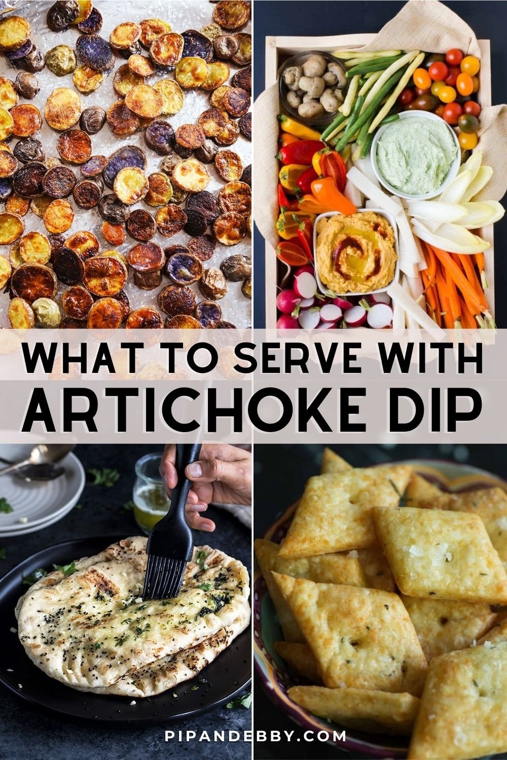 Four food photos with text overlay reading, "What to serve with artichoke dip."