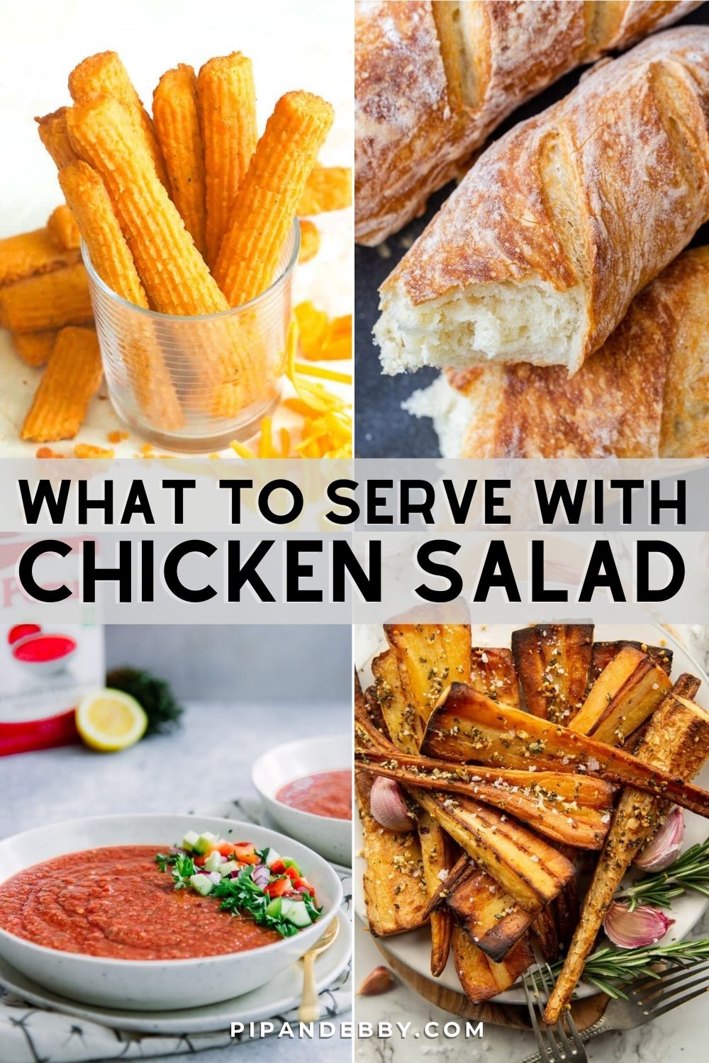 Four food photos in a grid with text overlay reading, "What to serve with chicken salad."