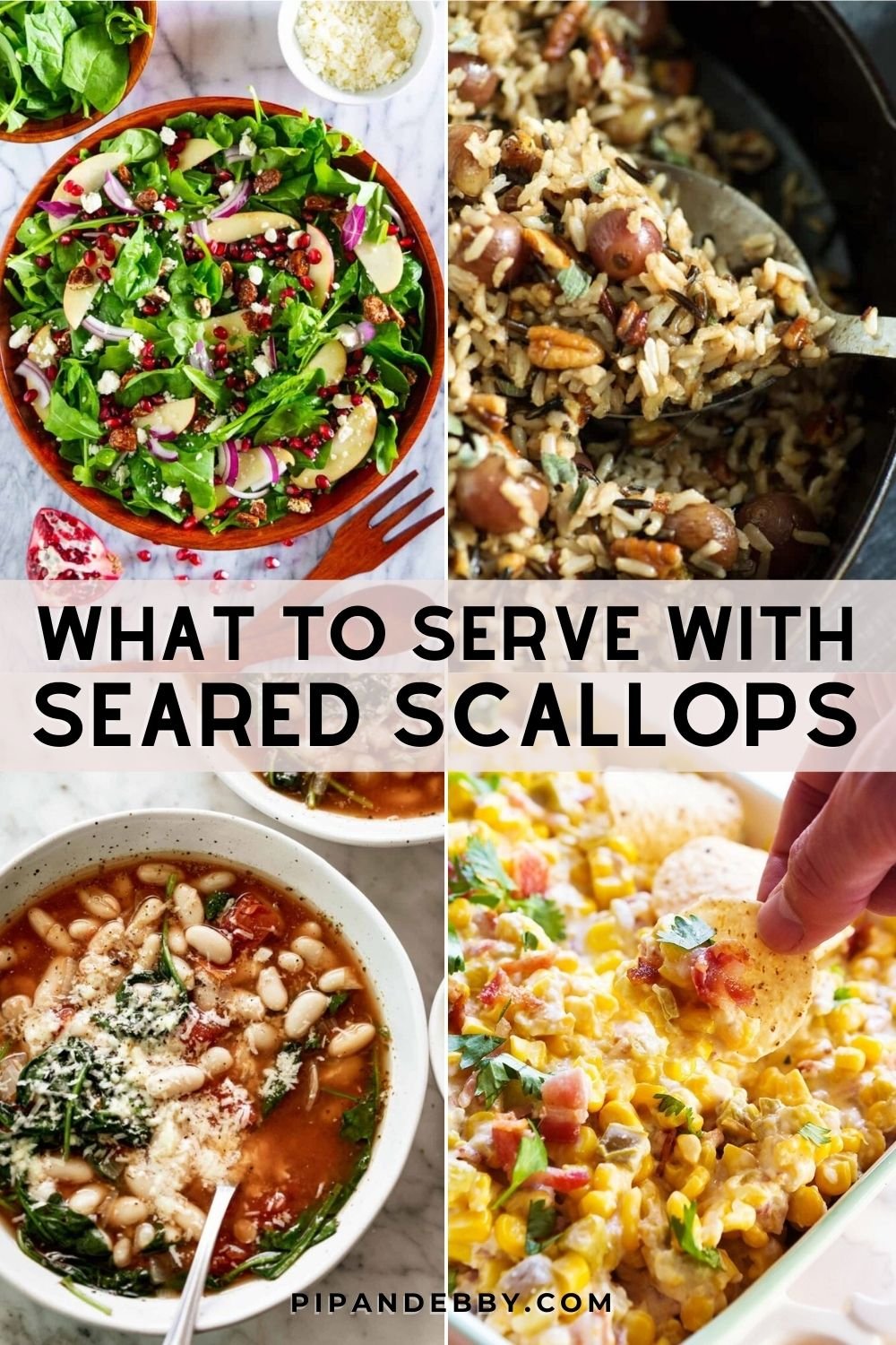Four food photos in a grid, with text overlay reading, "What to serve with seared scallops."