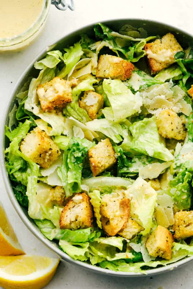 Top view of caesar salad.