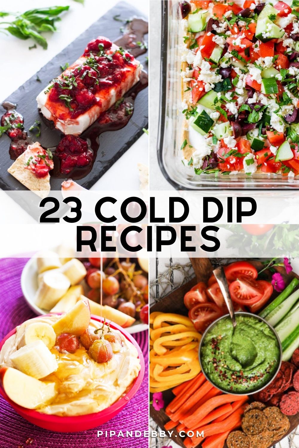 Four dip recipe photos in a grid with text overlay reading, "23 cold dip recipes."