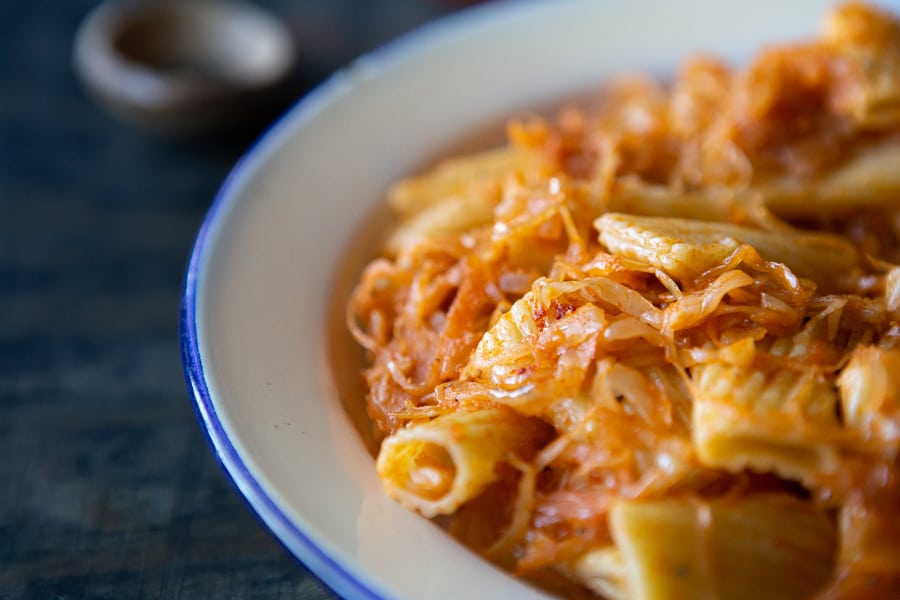 Sauerkraut and pasta in a bowl. 