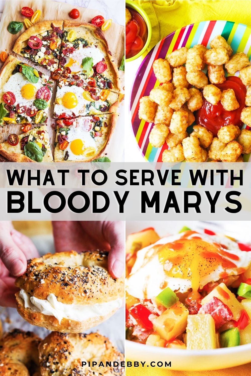 Four food photos in a grid with text overlay reading, "What to serve with bloody marys."