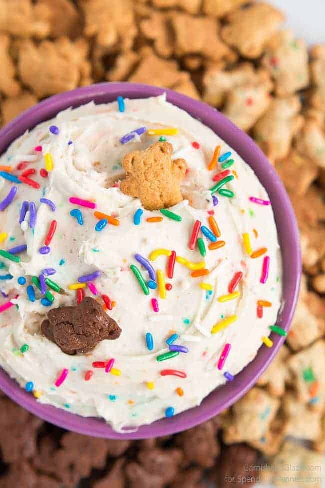Dunkaroo dip with sprinkles on top and honey and chocolate bear crackers in the dip too. 