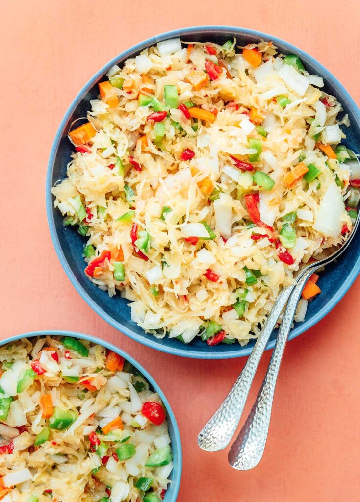 Large bowl of sauerkraut salad. 