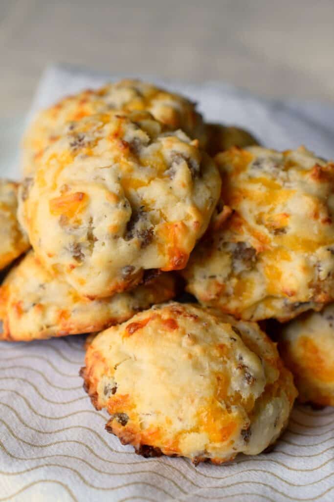 Basket of cheddar sausage biscuits. 