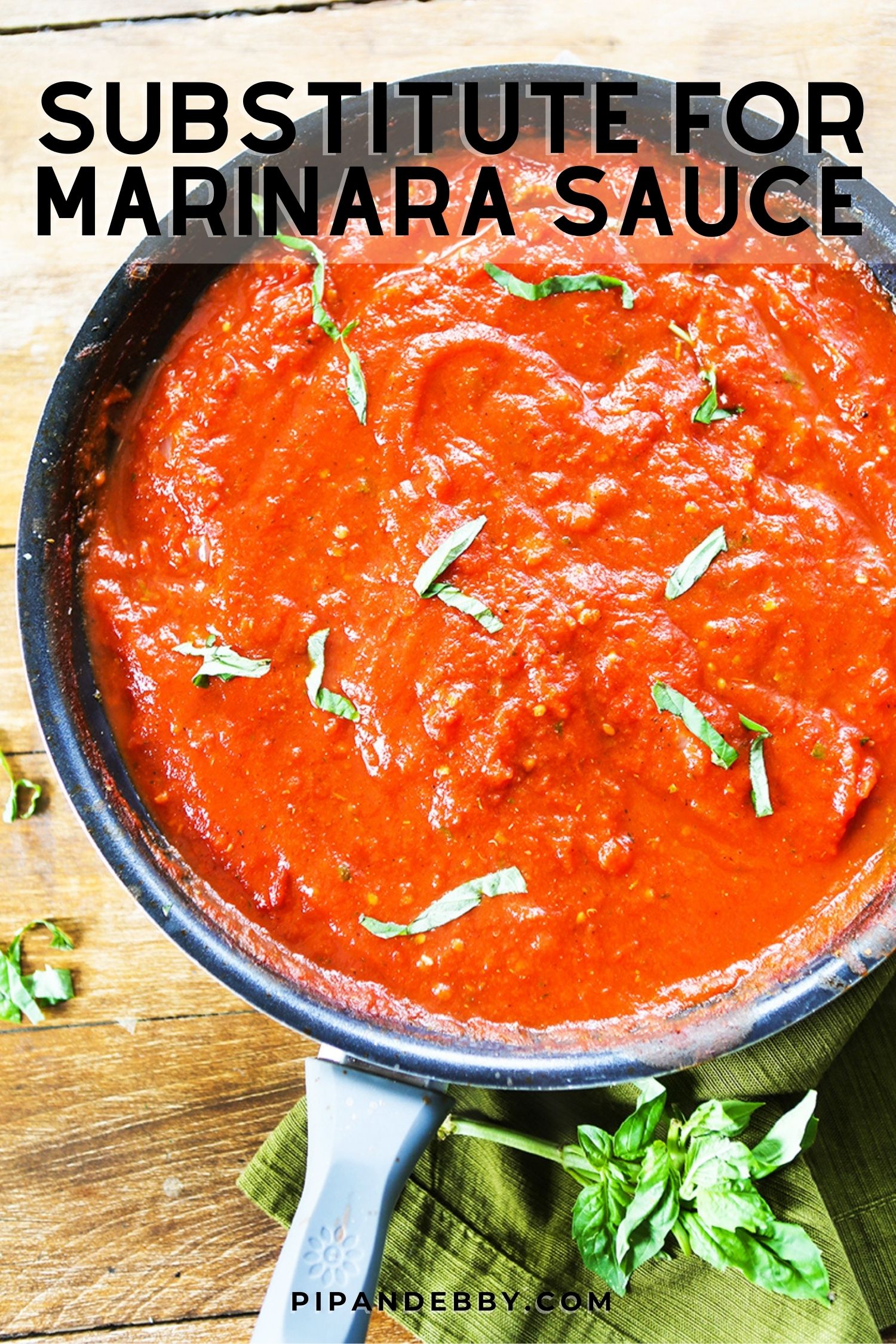 Pan of marinara sauce with text overlay reading, "Substitute for marinara sauce."