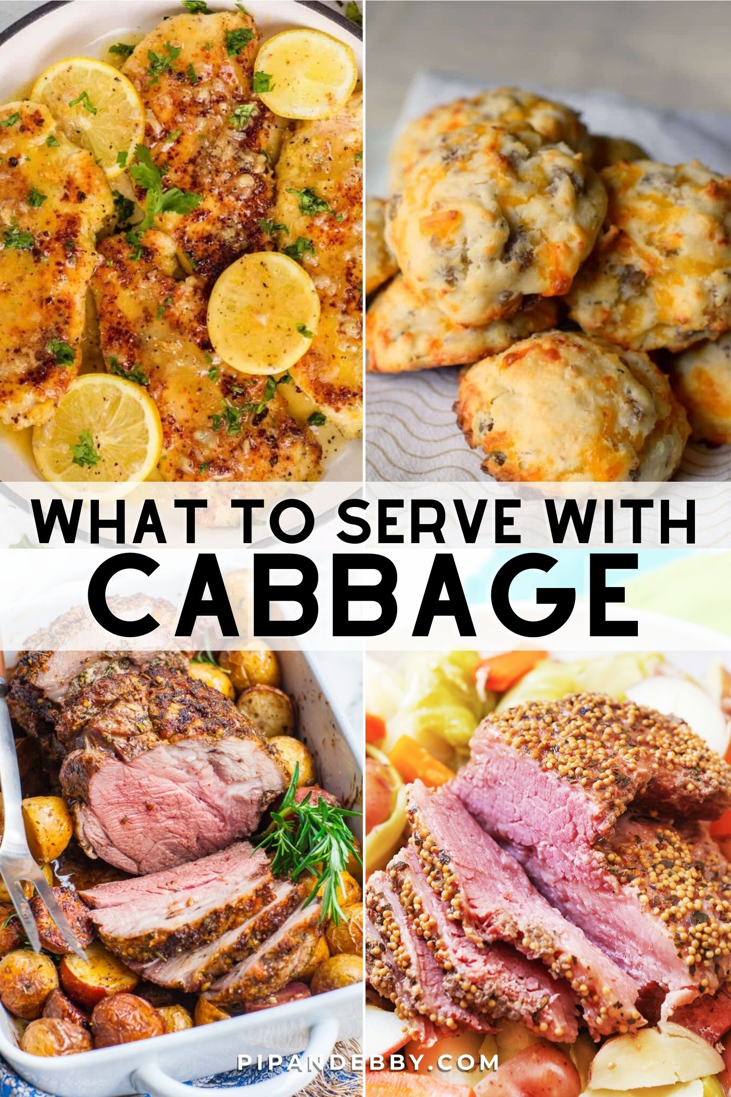 Four food photos in a grid with text overlay reading, "What to serve with cabbage."