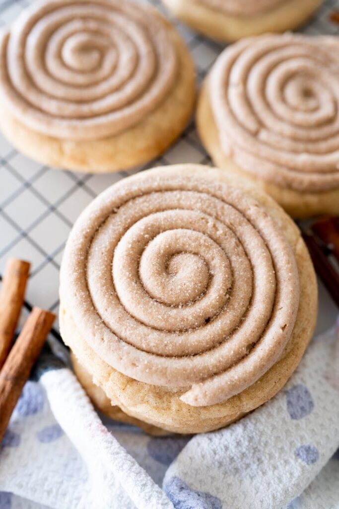 Crumbl churro cookies on a table. 