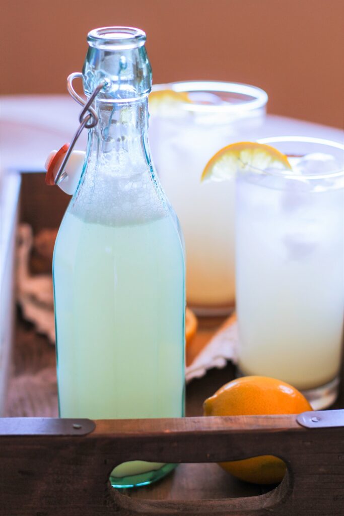 Homemade Ginger beer in a glass container and some poured into a glass with a lemon wedge garnished on the side. 
