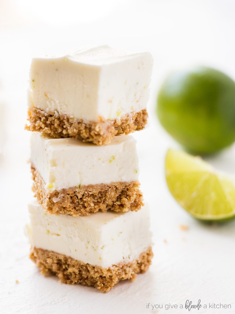 3 stacked small bites of no bake margarita cheesecake. 