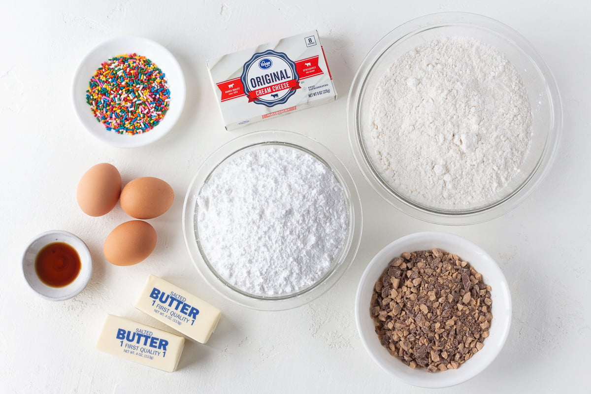 Butter cake ingredients lined up on a counter.