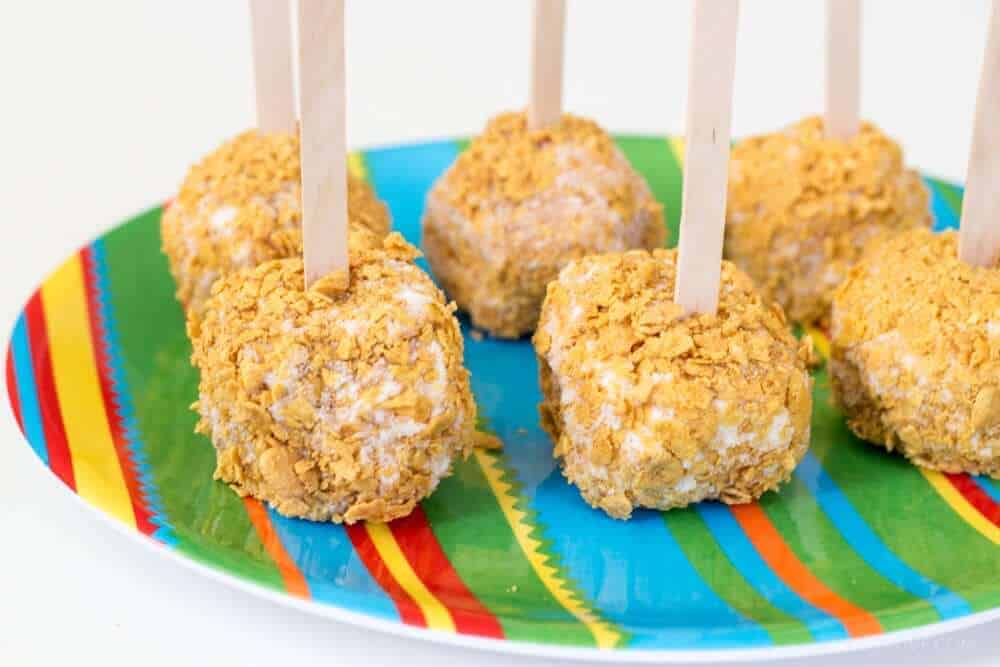 Best "fried" ice creams on a stick served on a colorful plate. 