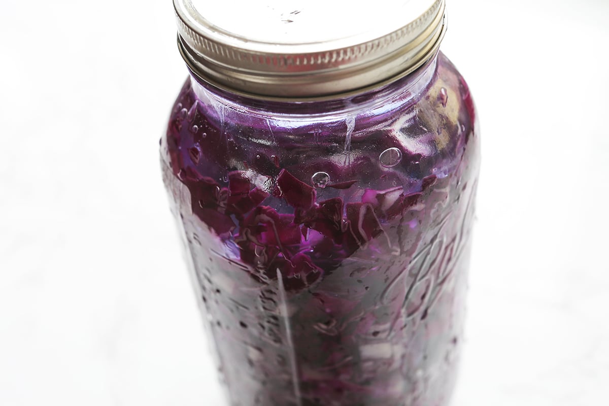 Red cabbage in water in a sealed mason jar.