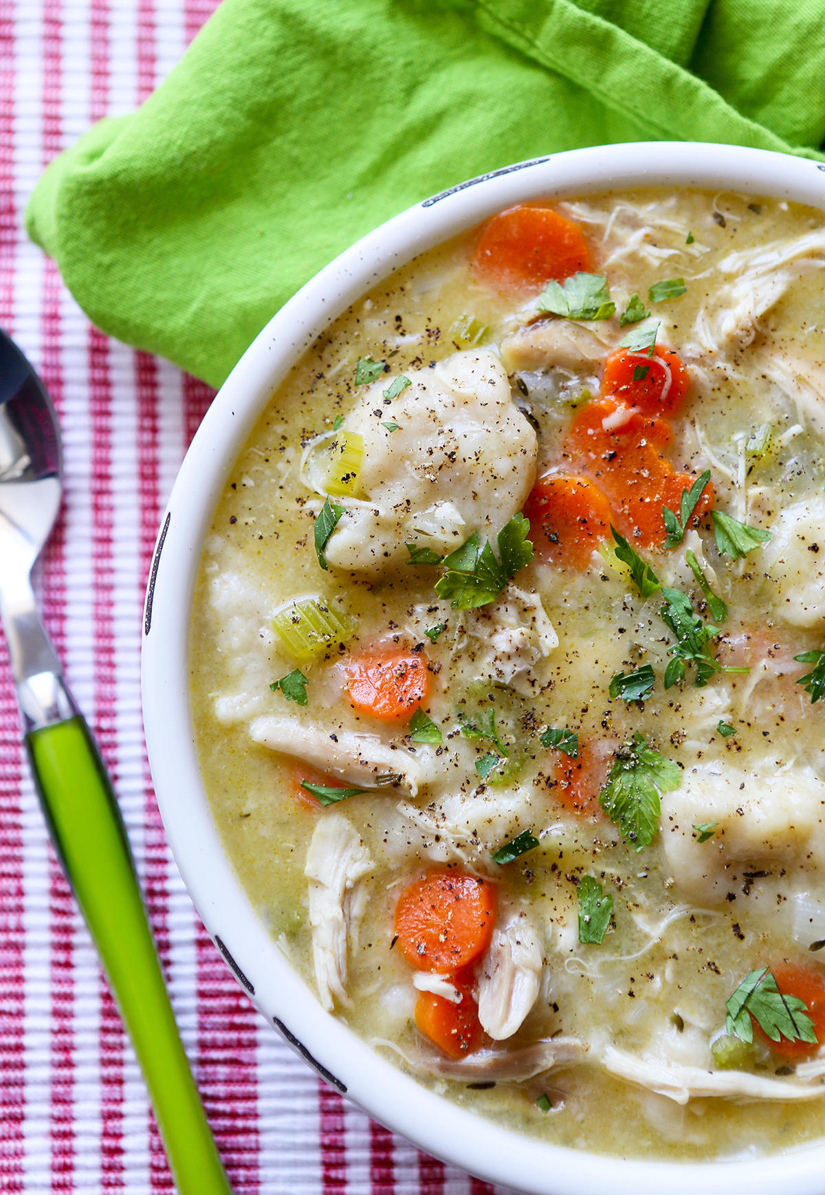 Close up of a bowl of chicken and dumplings with carrots and parsley.