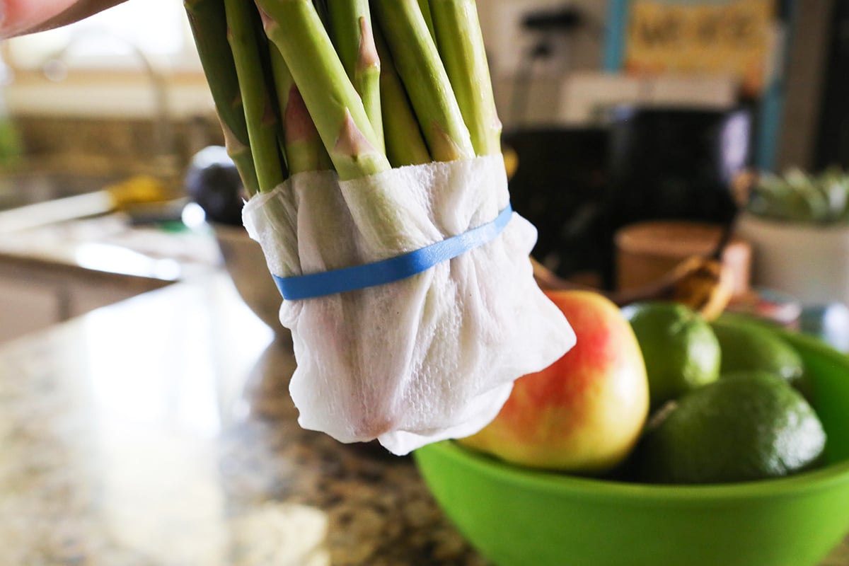 Paper towel rubber banded to the bottom of a bunch of asparagus.