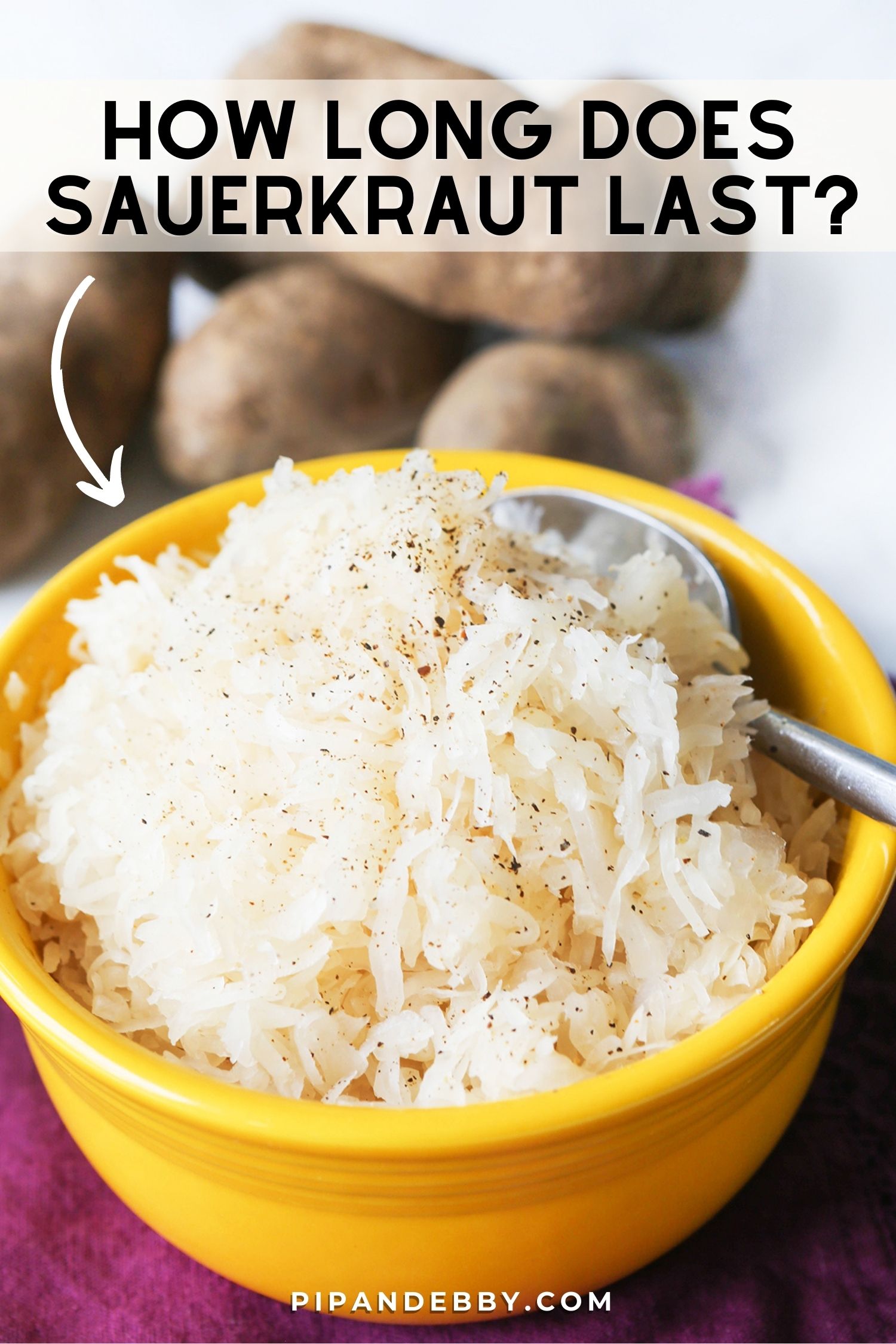 Photo of a bowl of sauerkraut with text overlay reading, "How long does sauerkraut last?"