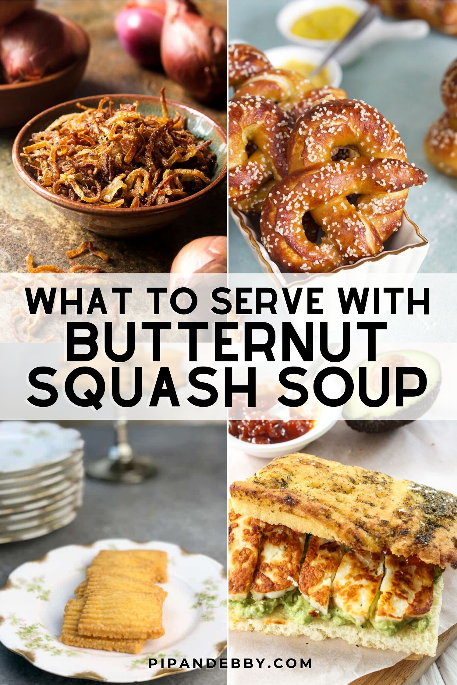 Four food photos in a grid with text overlay reading, "What to serve with butternut squash soup."