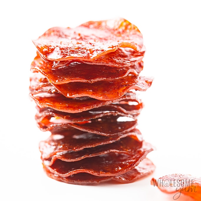 Pepperoni chips in a stack. 