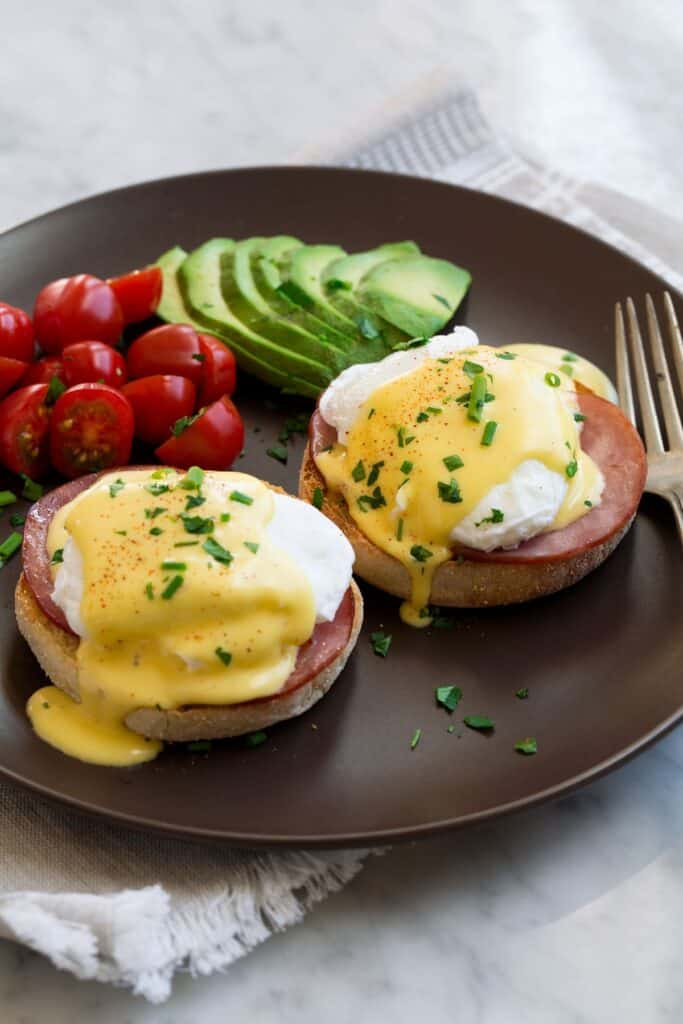Eggs benedict on a plate. 