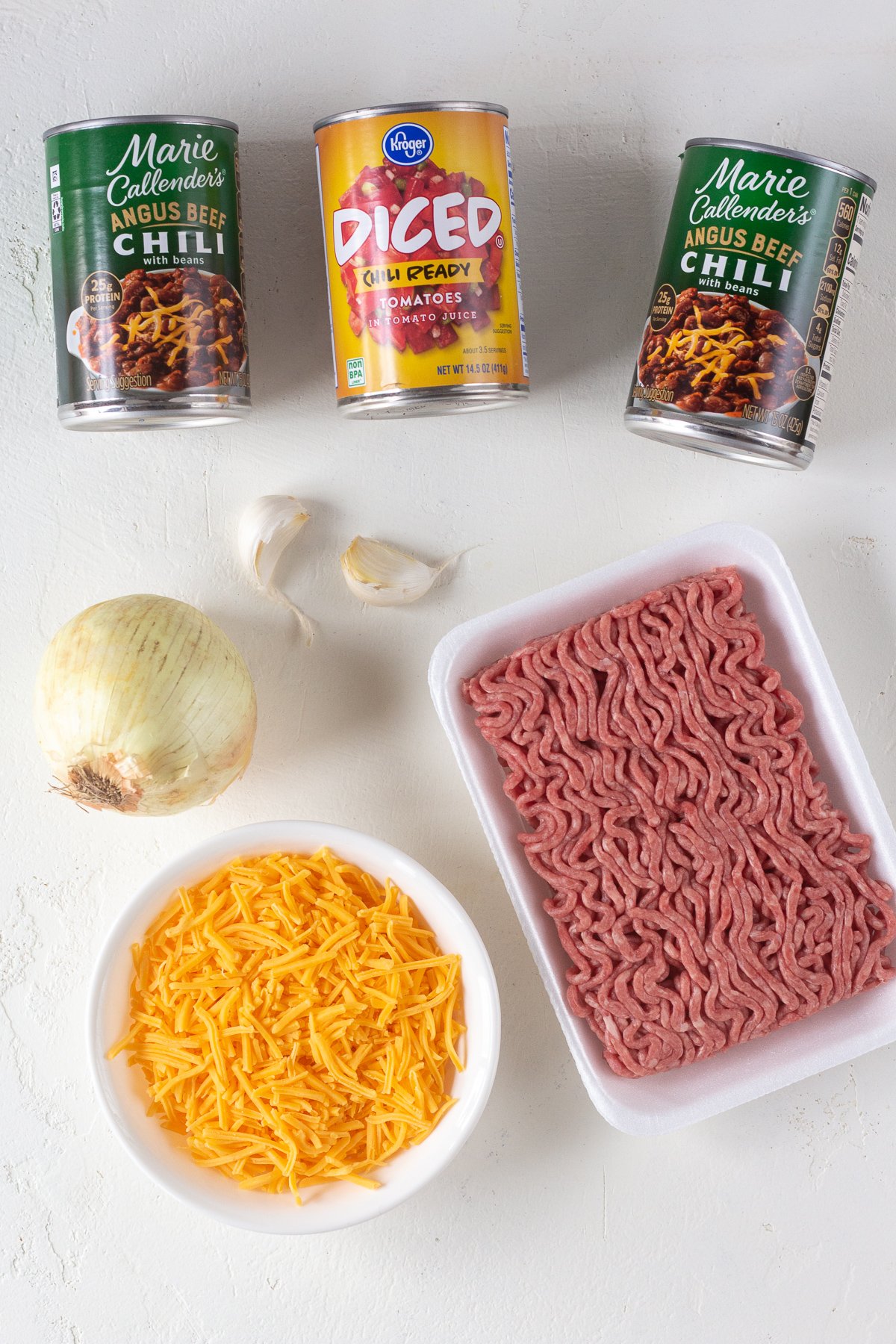 Ingredients for easy chili lined up on a counter.