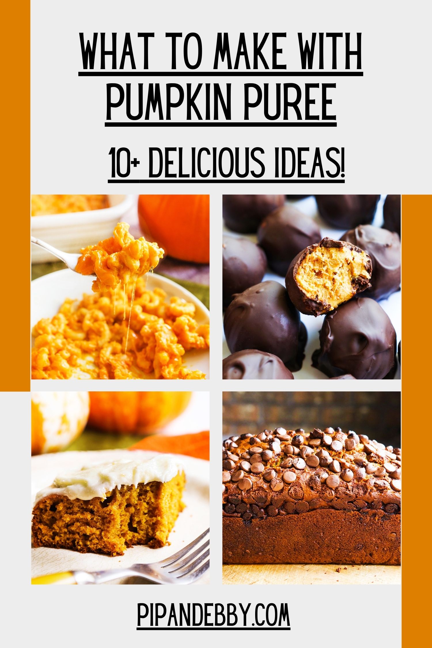 Four food photos in a grid with text reading, "What to make with pumpkin puree."