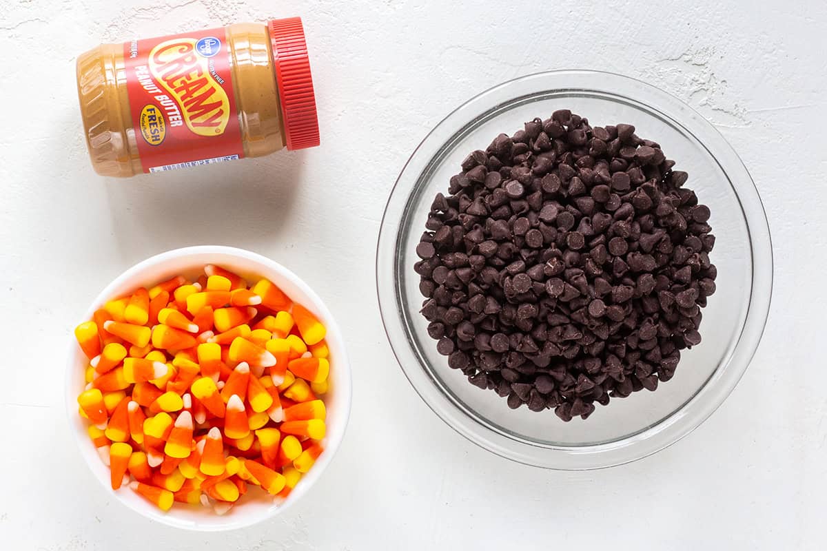 Chocolate chips, candy corn, and peanut butter for Butterfingers.