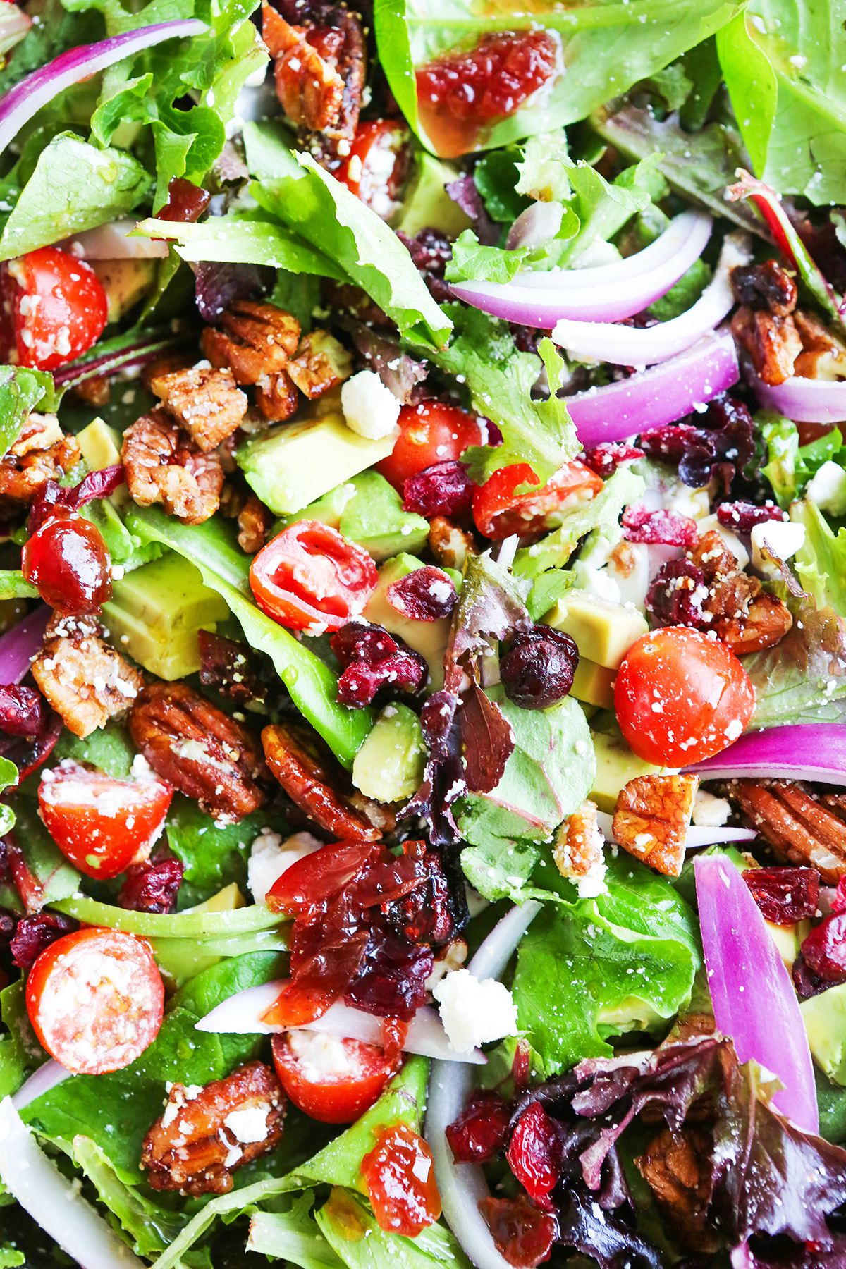 Close up of ingredients inside a mixed chopped salad.