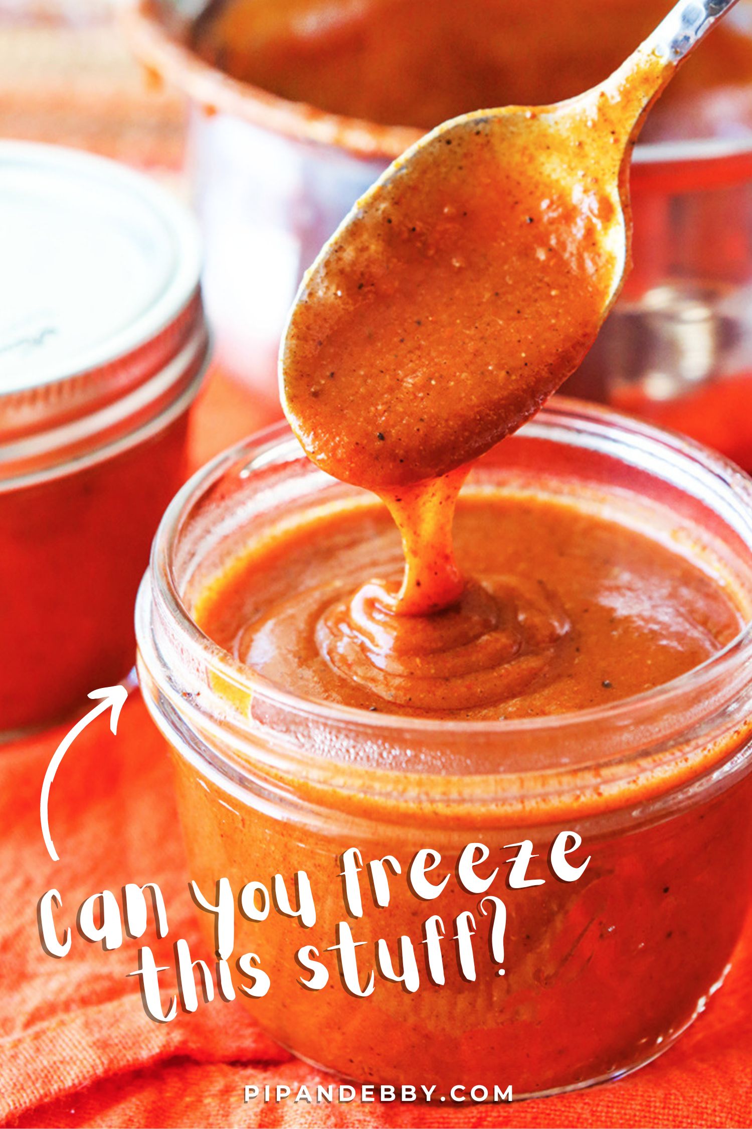 Photo of enchilada sauce in a jar with text overlay reading, "Can you freeze this stuff?"