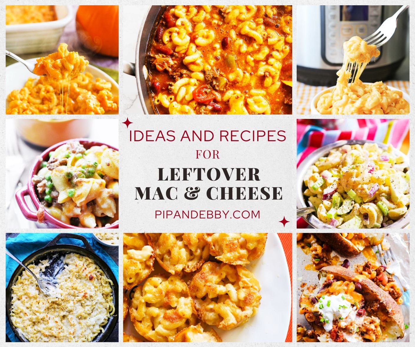 Six food photos in a grid with text reading, "Ideas and recipes for leftoer mac and cheese."