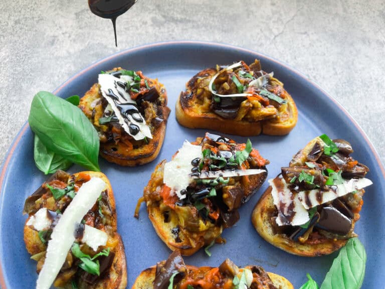 Eggplant bruschetta on a plate. 