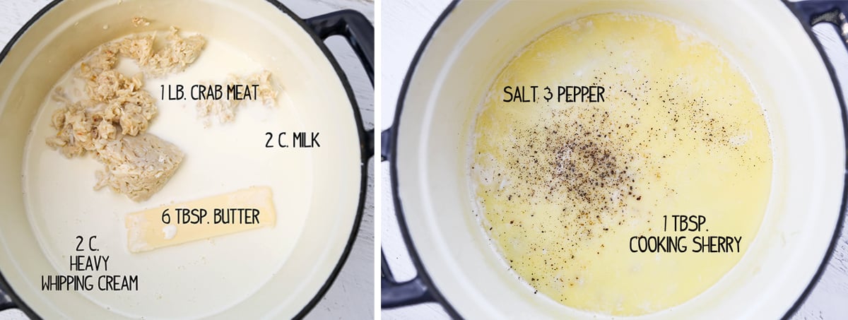 Two photos side by side of ingredients in a Dutch oven, including crab meat, butter, milk, cream and sherry.