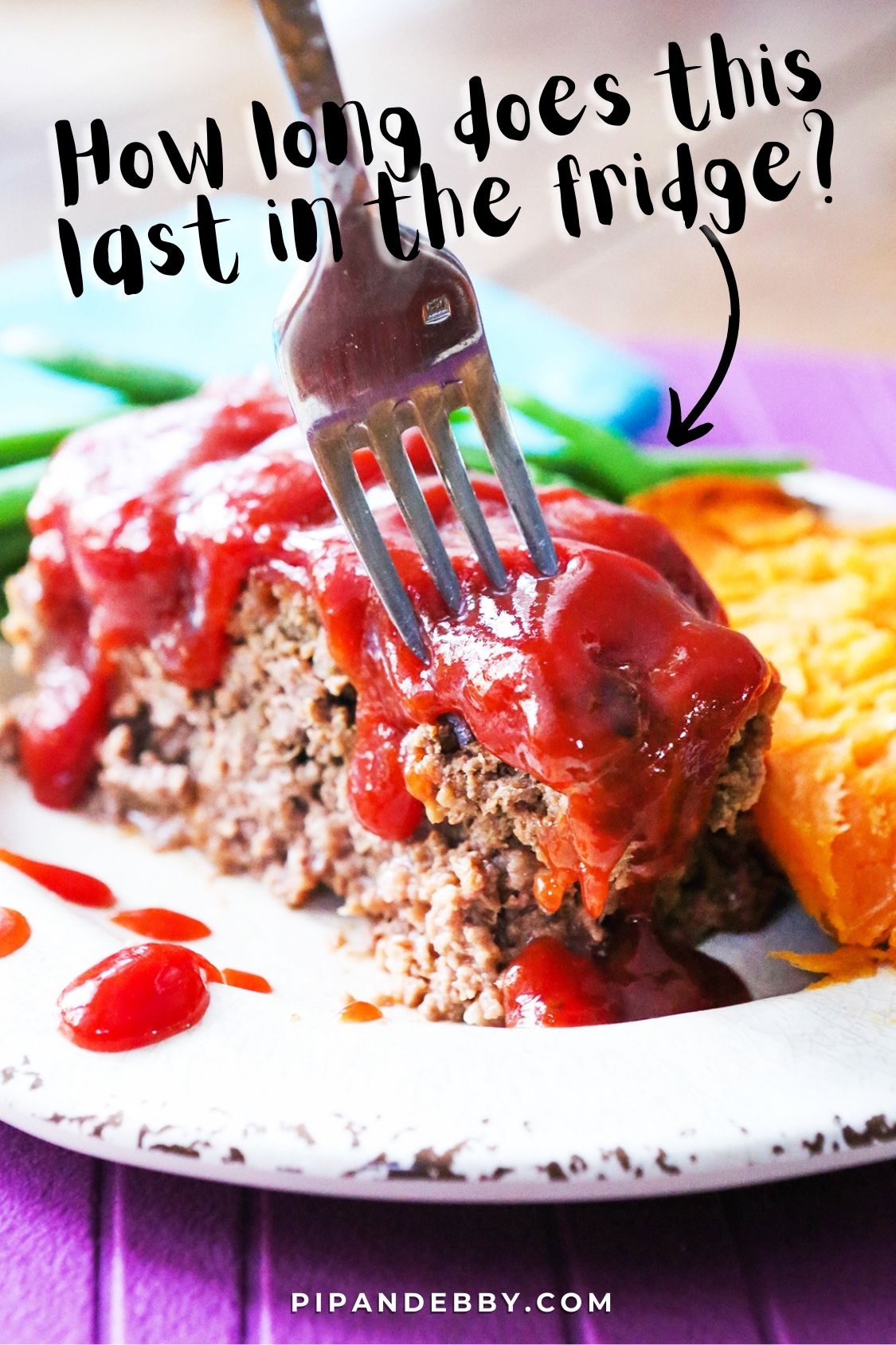 Photo of a fork sticking into a piece of meatloaf with text overlay reading, "How long does this last in the fridge?"