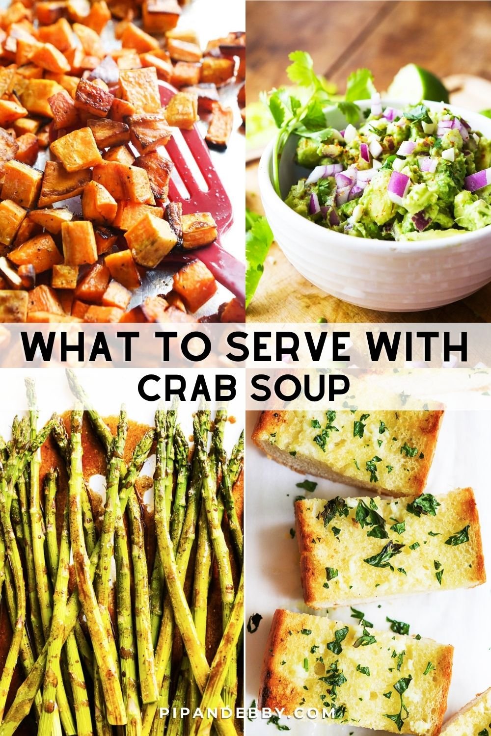 Collage of four food photos with text overlay reading, "What to serve with crab soup."