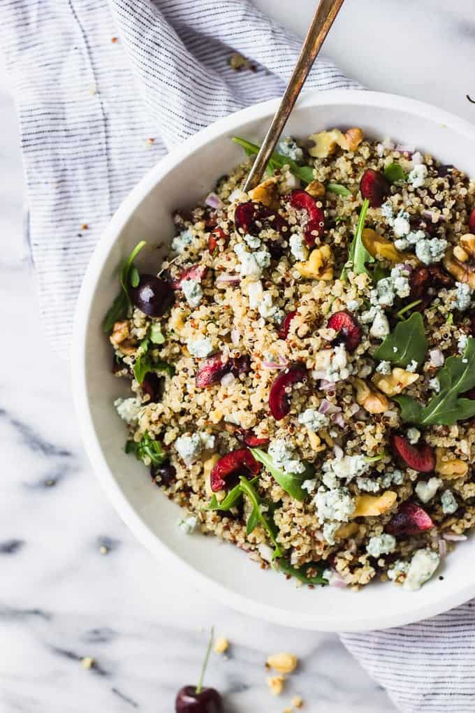 Cherry quinoa salad in a bowl. 