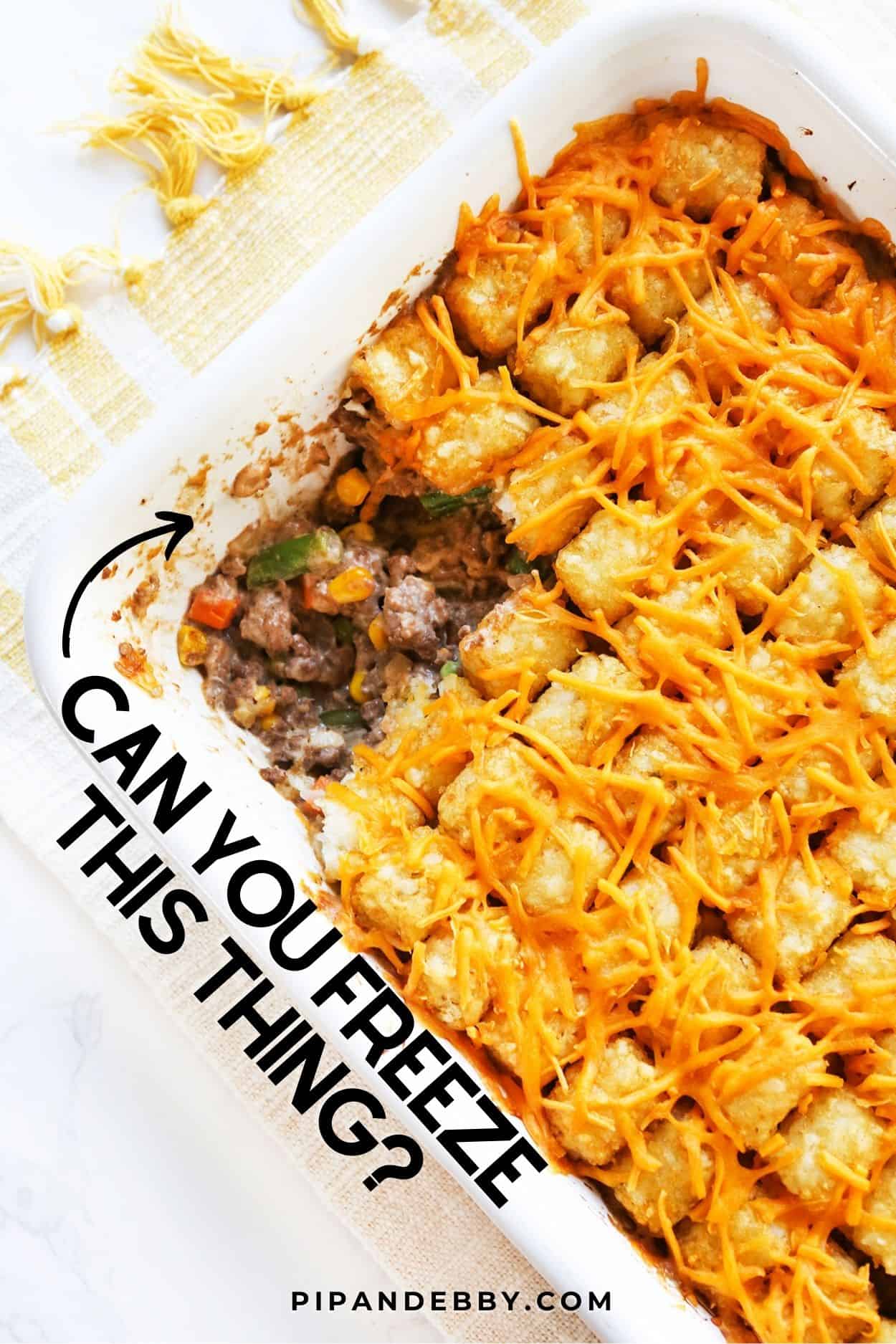 Photo of tater tot hotdish with text overlay reading, "Can you freeze this thing?"